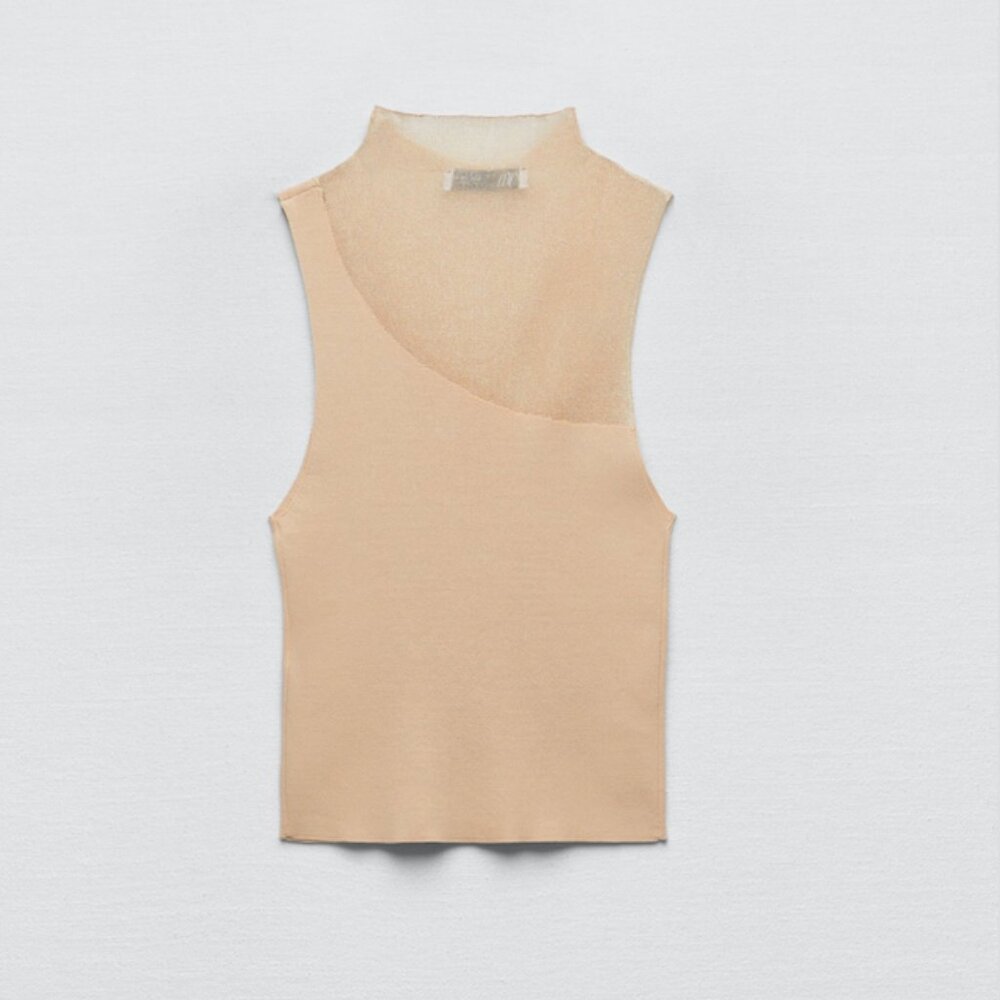 Zara Combination Knit Sleeveless Turtleneck Top in Beige-Pink Size L